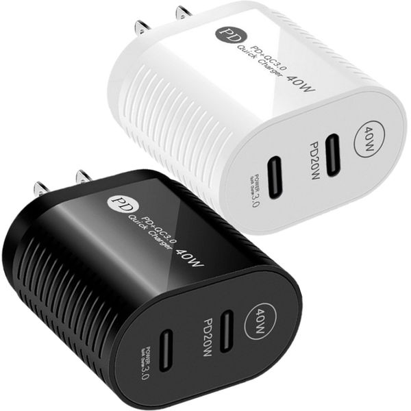 Caricatore USB C di ricarica rapida 40W USB Tipo C Dual Porte AC Home Travel Wall Charger Adattatore Eu Us Plug per iPhone 15 11 12 13 14 Samsung Tablet PC Telefono Android