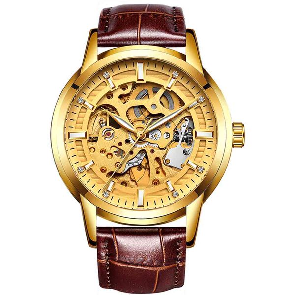 

doit automatic mechanical clock men gold stylish luxury business polar leather skeleton diamond lighter, Slivery;brown