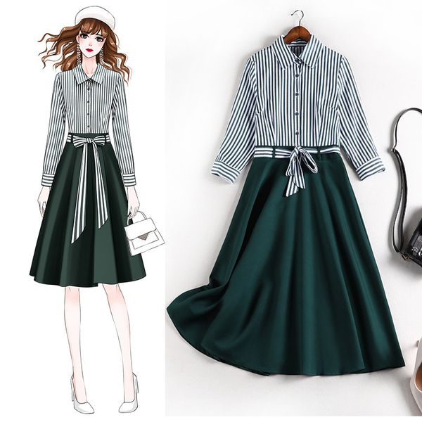 

dresses dark green striped belt female summer women plus size dresses 4xl 5xl 3/4 sleeve office lady dress jc11, Black;gray