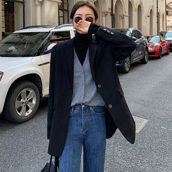 

women's suits & blazers 2021 fashion solid color lapel blazer women elegant vintage casual loose oversized temperament coat tide, White;black