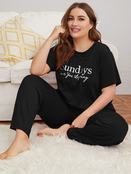 

plus slogan graphic & pants pj set c21a#, Black;white
