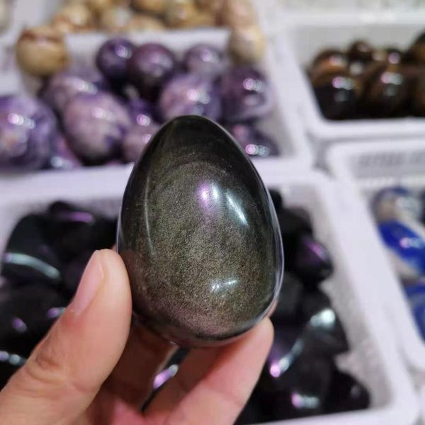 

natural silver obsidian egg shape with wood stand chakra healing reiki stone decorative objects & figurines
