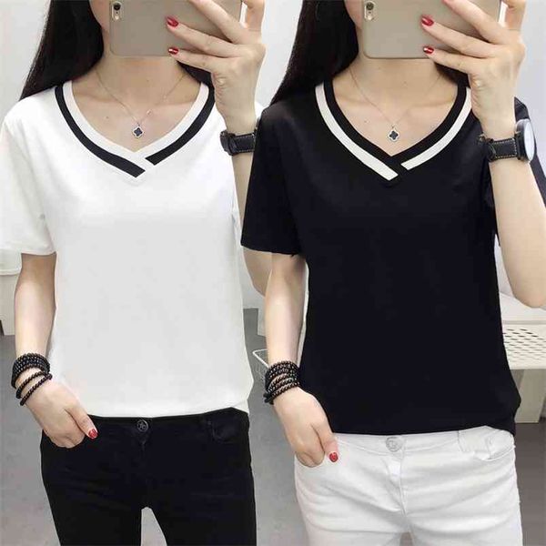 

4xl 5xl plus size korean women's clothing fashion big t-shirt female v neck short sleeve casual obesity tee shirt femme 210623, White