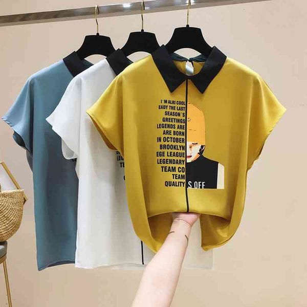 

female shirts printed letter chiffon summer korean-style loose short-sleeved blusa women blouse ladies 090a 210420, White