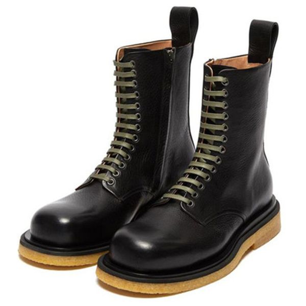 

men lace-up high real leather side zipper motorcycle boots chelsea thick soled increased mid tube martin boot, Black