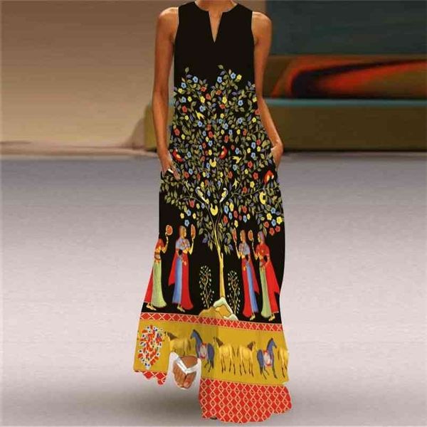 

female summer retro digital print dress casual floral loose maxi plus size sleeveless pocket es 210701, Black;gray