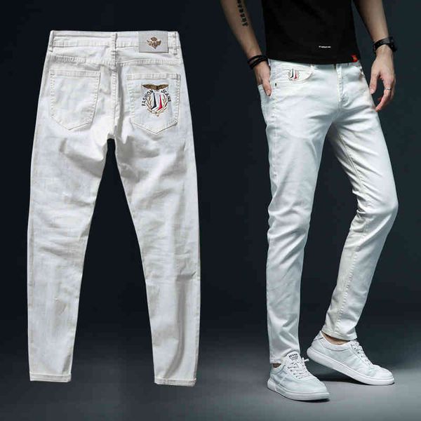 

men's jeans summer thin white slim jeans advanced stretch embroidery decoration denim trousers male brand pants 5be4, Blue