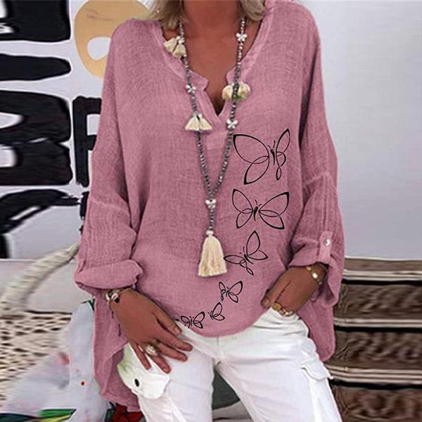 

women's blouses & shirts 40# vintage cotton linen women elegant casual floral print plus size shirt long sleeve v-neck blusas mujer de, White