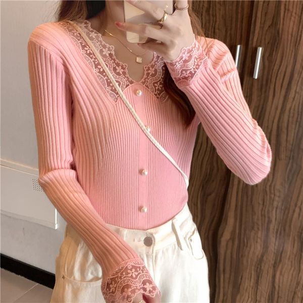 

women's sweaters korean fashion v-neck lace stitching knitted sweater autumn winter style pullover long sleeve casual women, White;black