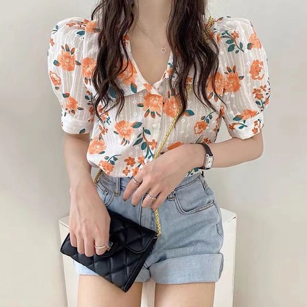 

print women shirt summer flower short puff sleeve korean clothing fashion casual vintage single breasted new female top, White