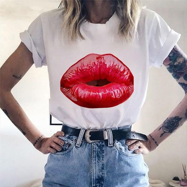 

simple lips print white women short sleeve harajuku hipster summer female tee