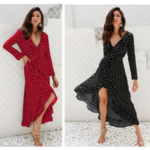

luxury casual drsfall 2021 v-neck wave point ruffle swing sleeve drs long skirt, Black;gray