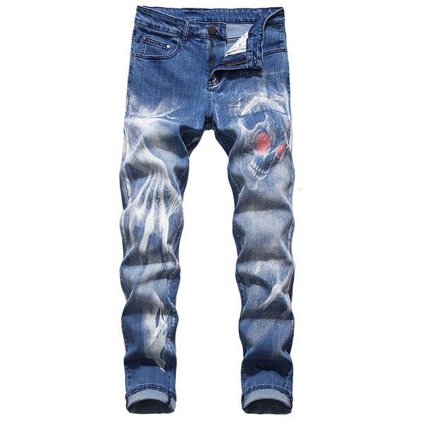 

men jeans 3d printed street wear distressed fit stylish slim denim pants stretchy, Blue