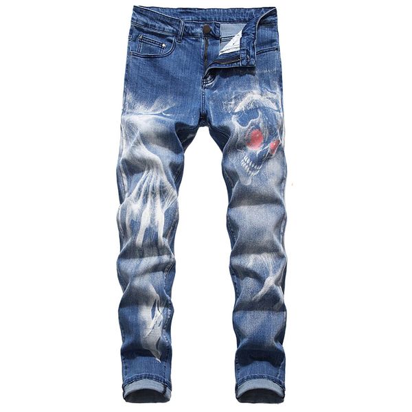 Jeans da uomo stampati in 3D Street Wear Distressed Fit Eleganti pantaloni in denim slim elasticizzati