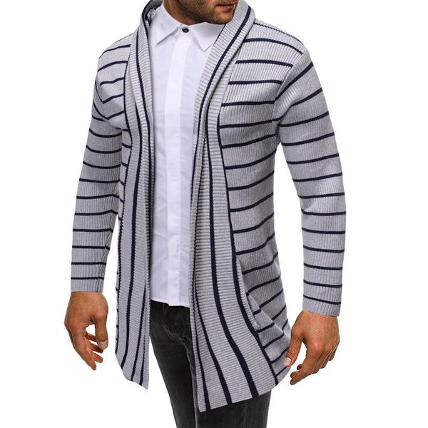 

mens stripe colorblocked sweater fashion trend long sleeve cardigan knitted hooded designer male winter casual slim mid-length sweaters, White;black