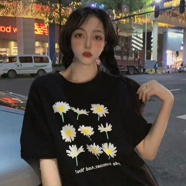 

women's t-shirt sunfiz yf little daisy 2021 summer korean short sleeve tee loose large chrysanthemum print clothes ins wear, White