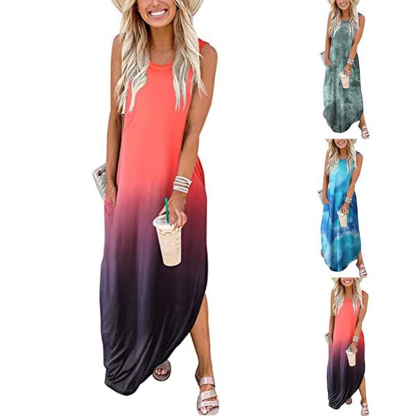 

casual dresses women's dress summer tie-dye printed pocket sleeveless long girls elegant streetwear vestido de mujer beach tunics, Black;gray