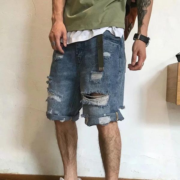 

men's jeans summer shorts high street ripped holes to make old denim wild loose casual trousers, Blue