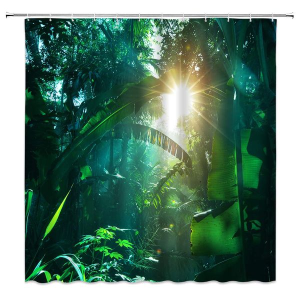 

rainforest shower curtain decor green banana trees palm trees forest sunlight beam bush plants tropical jungle fabric bath