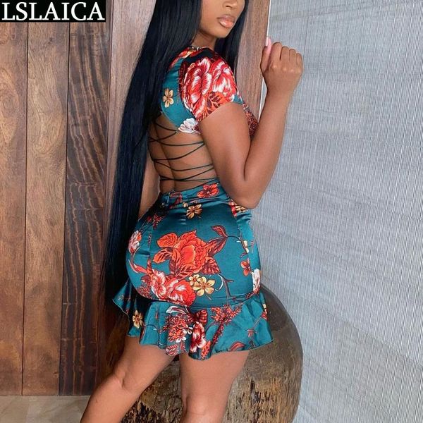 

dresses for women short sleeve backless criss-cross bandage deep v neck woman dress floral print party club mini dresses, Black;gray