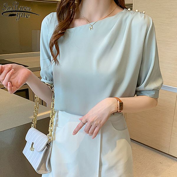 

summer shirt korean satin short sleeve women's blouse and skew collar ol style wild women 14235 210427, White