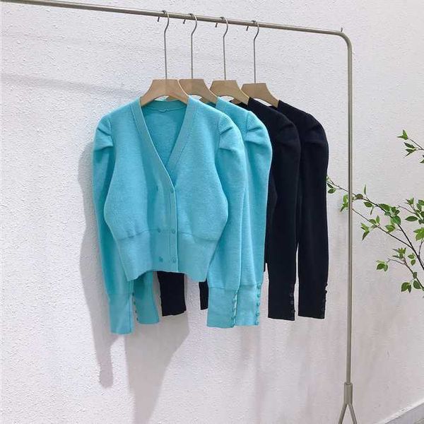 

sweaters autumn korean chic fashion solid full v neck puff sleeve double breasted cardigan crop knitted shirts pull retro 210610, White