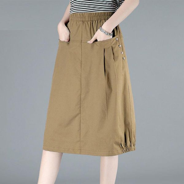 

skirts women casual 2021 spring summer korean style solid elegant high waist pocket a-line knee length skirt plus size, Black