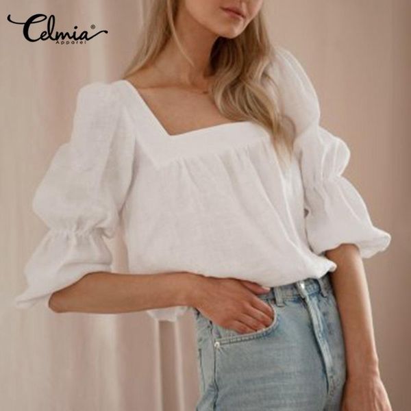 

women's blouses & shirts celmia fashion women square collar 2021 knotted tunic puff sleeve female summer casual solid femininas, White