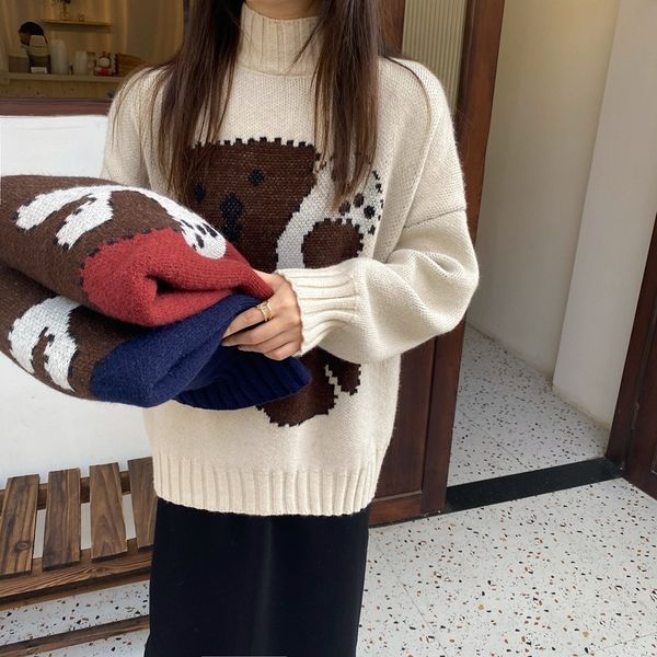 

h.sa pull femme hiver women winter cute sweaters cartoon bear sweater pullovers turtleneck korean knitted jumpers girls chic 210417, White;black