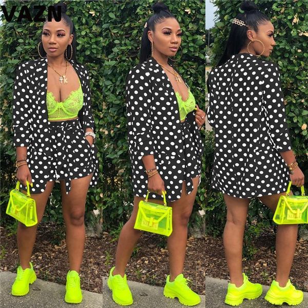 

gsd19165 autumn dot print womenpant v neck young set long sleeve short pant 2 piece night club wind sets, White