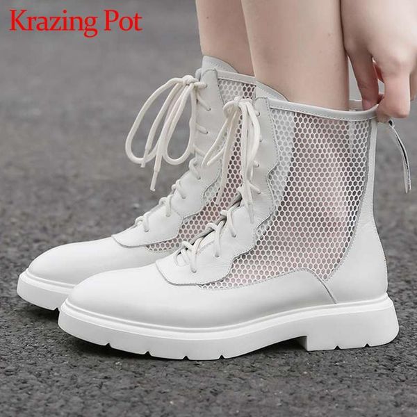 

boots krazing pot 2021 summer high fashion natural leather round toe med heel breathable young lady daily wear ankle l5f3, Black