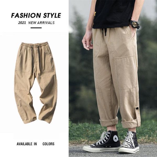 

men's pants trend retro japanese streetwear men casual travel four seasons drawstring sweatpants elastic mid waist male trousers, Black