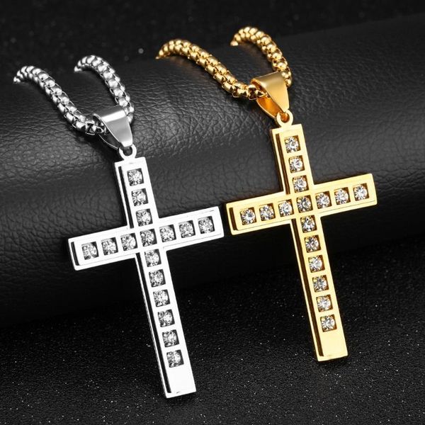 

pendant necklaces women men's necklace design stainless inlaid zircon cross 3mm 24 inch chain, Silver