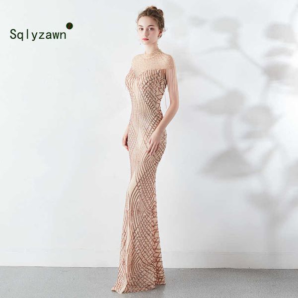 

high end beaded tassel evening party dresses luxury champagne mermaid sweep train sequin mesh voile stand neck formal party gown 210709, Black;gray