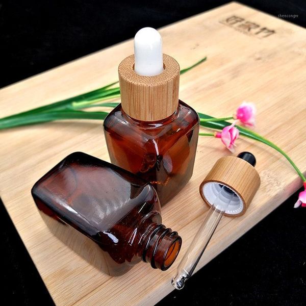 

storage bottles & jars 50pcs 30ml amber square glass pipette bottle cosmetic essential oil dropper packaging container with wood grain bambo