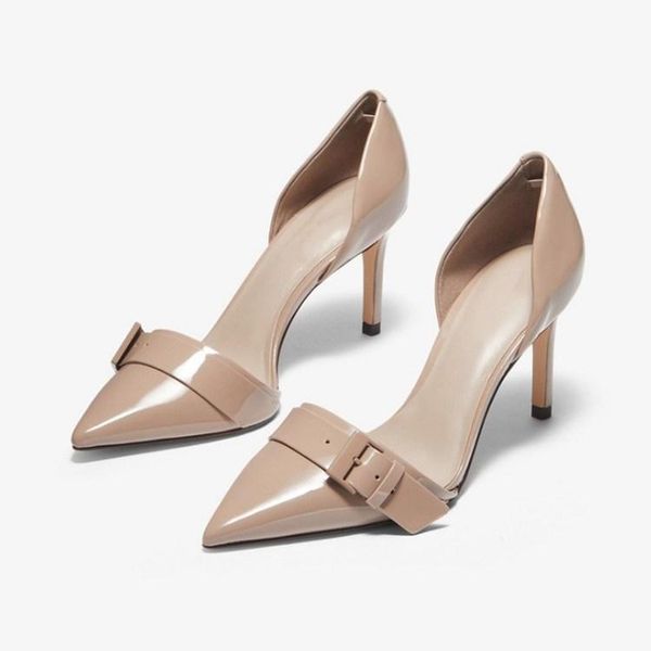 

women's shoes pointed toe high heels stiletto buckle decoration style red mid-heel patent leather fashion single sandals, Black