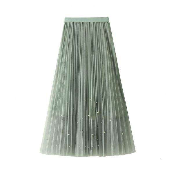 

skirts women's spring sweet pearls beaded maxi mesh layered tulle a-line solid pink green ankle long summer skirts, Black
