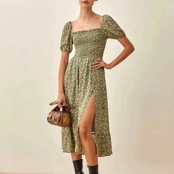 

inspired green floral smocked bust summer dress slit side puff sleeve women dress vintage elegant ladies dress new 210412, Black;gray