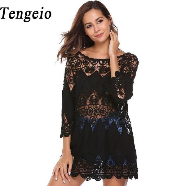 

women's blouses & shirts tengeio lace shirt crochet floral patchwork summer beach hollow cover up 3/4 sleeve casual w, White