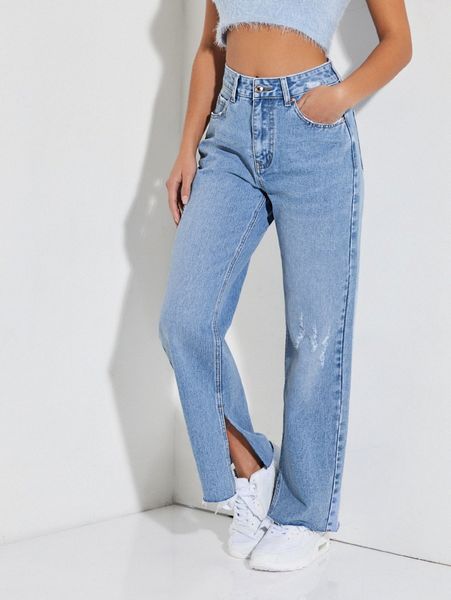 

petite split hem ripped jeans p7gg#, Blue