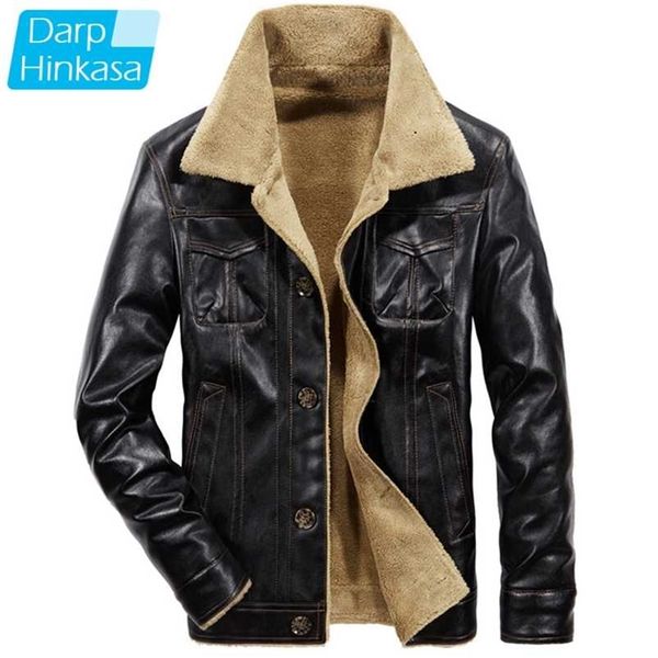 

men winter leather jacket fur collar bomber jacket men thick warm plus velvet casual motor jacket men plus size 211118, Black