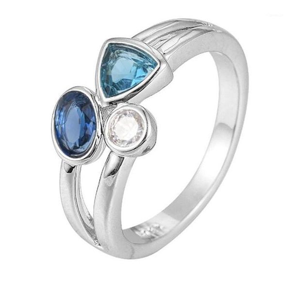 

cluster rings creative blue white tricolor crystal for women fashion ring with feminine charm wedding female jewelry accessories, Golden;silver