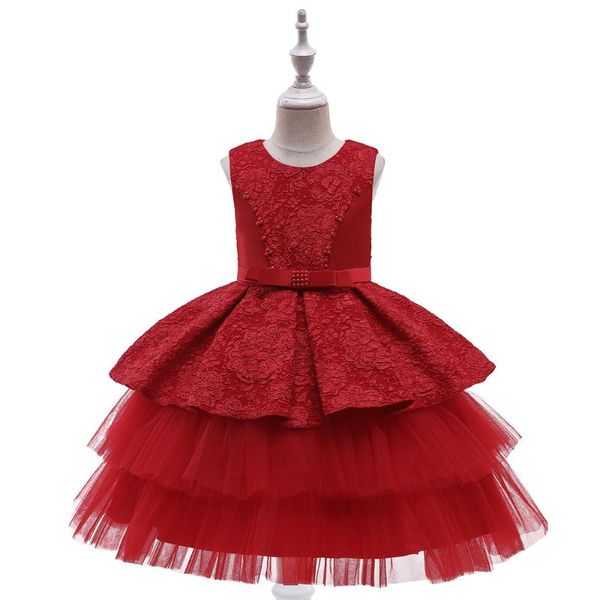 

girl's dresses red flower kids girls wedding dress elegant princess party lace cake tutu birthday formal sleeveless clothes 4-10 years, Red;yellow