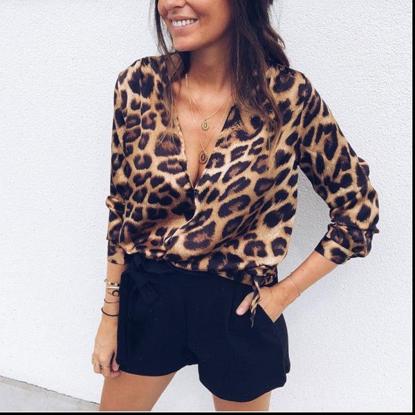

leopard print womens blouses deep v neck long sleeve autumn female clothes, White
