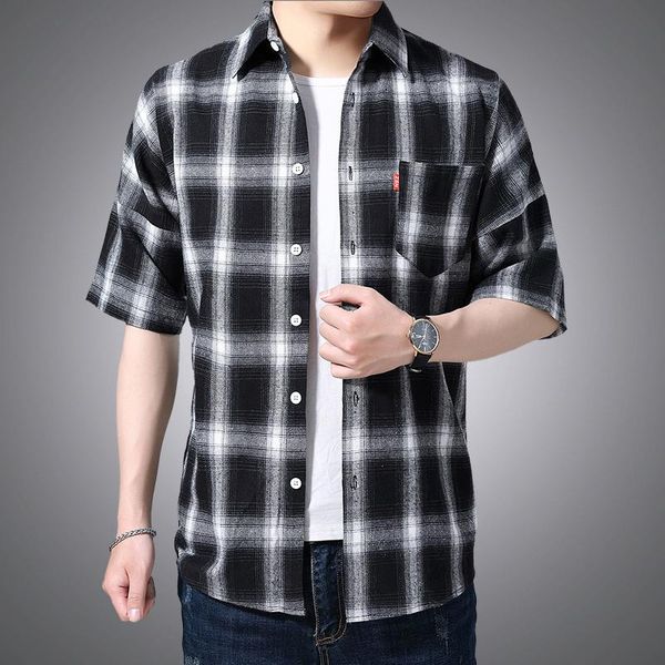 

men's casual shirts cotton flannel plaid shirt slim fit 2021 spring autumn male brand short sleeved soft comfortable -5xl, White;black