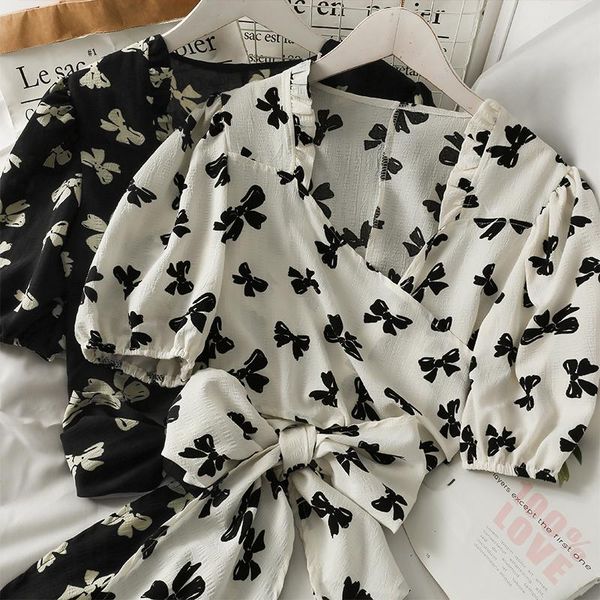 

women's blouses & shirts women fashion outdoor casual bow short sleeve flowers blouse ladies ol sweet girls student elegant daily basic, White