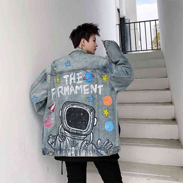 

men's casual shirts harajuku space stars letter graffiti oversize jeans for men and women ripped washed loose denim coat 9nbk, White;black