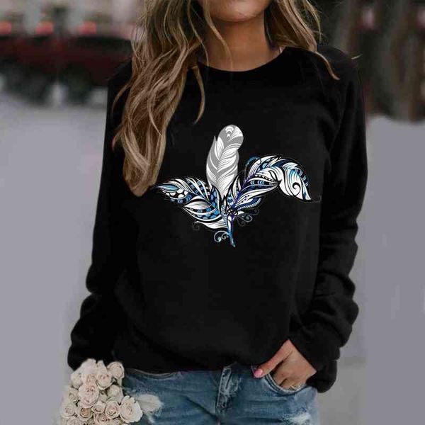 

womens feather print long-sleeved sweatshirt casual blouse pullover autumn winter jumper fashion classic white pullover, White;black