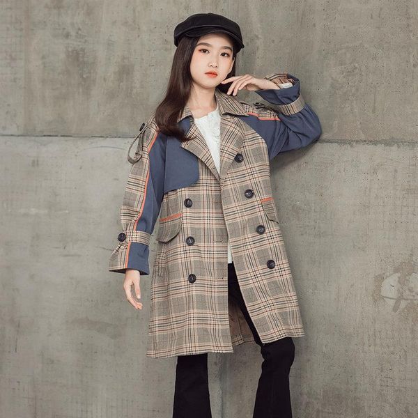 

trench for girls windbreaker kids clothes overcoat autumn fashion plaid outerwear teenagers double-button coats 10 12 13 14years coat, Blue;gray