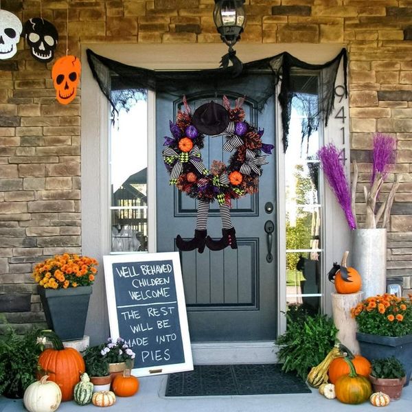 

decorative flowers & wreaths witch halloween wreath with hat legs front door hanging pumpkin for decorations